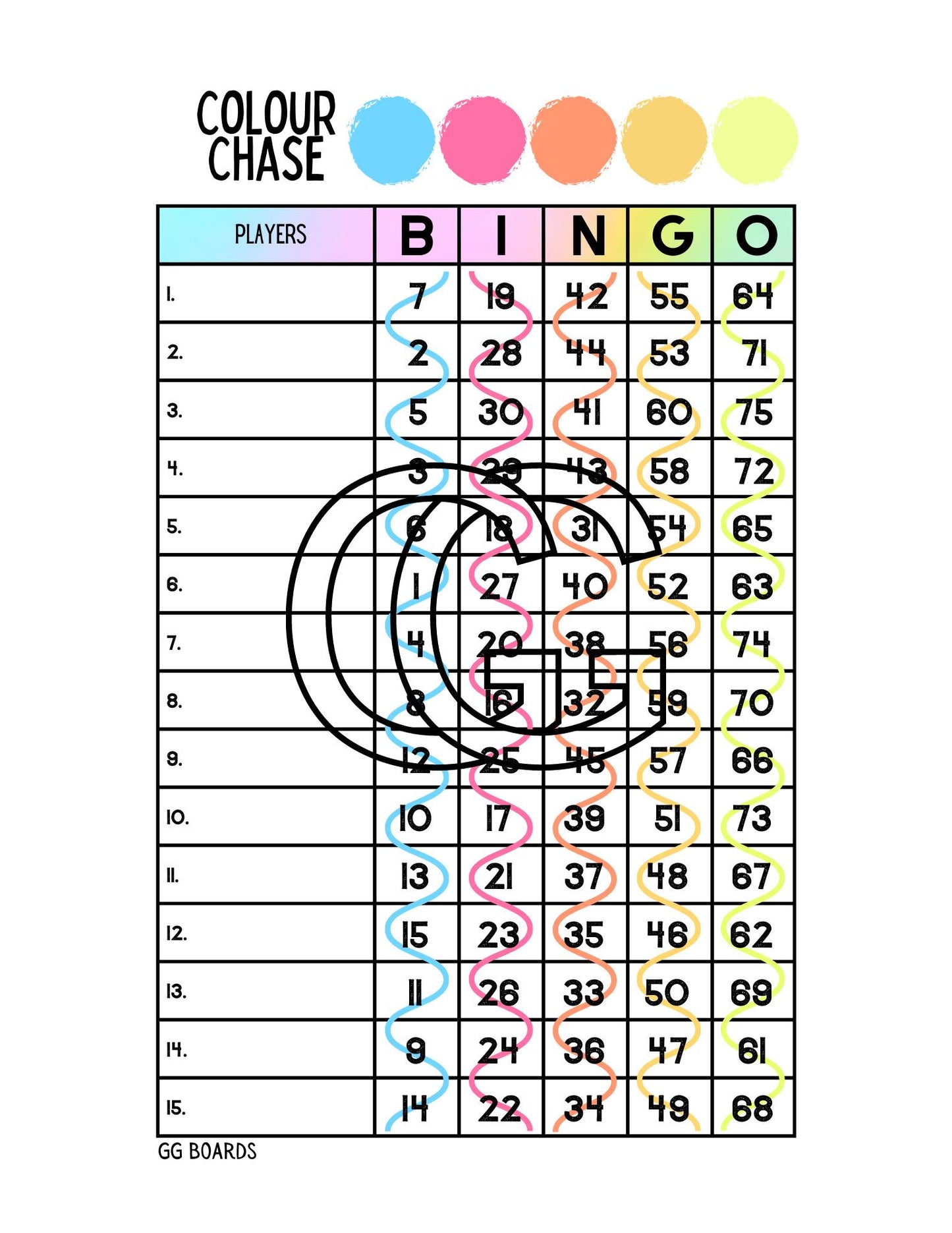 Colour Chase Bingo Board 1-75 Mixed