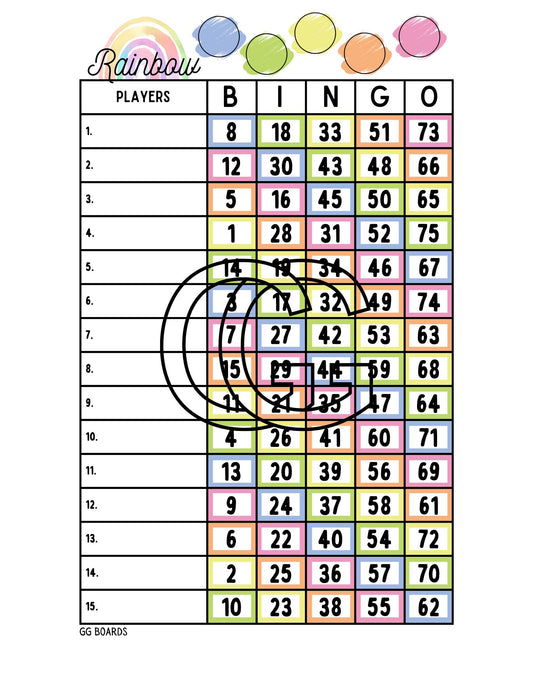 Rainbow Bingo Board 1-75 Mixed