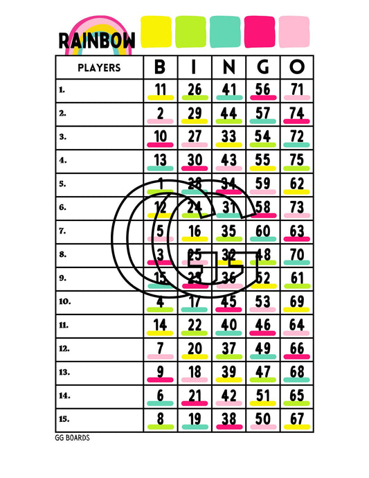 Rainbow Bingo Board 1-75 Mixed