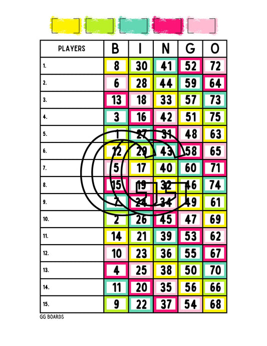 Rainbow Bingo Board 1-75 Mixed