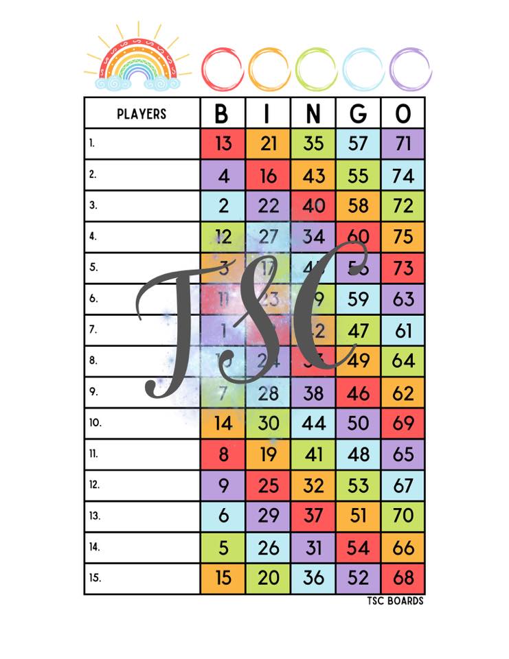 Rainbow Bingo Board 1-75 Mixed
