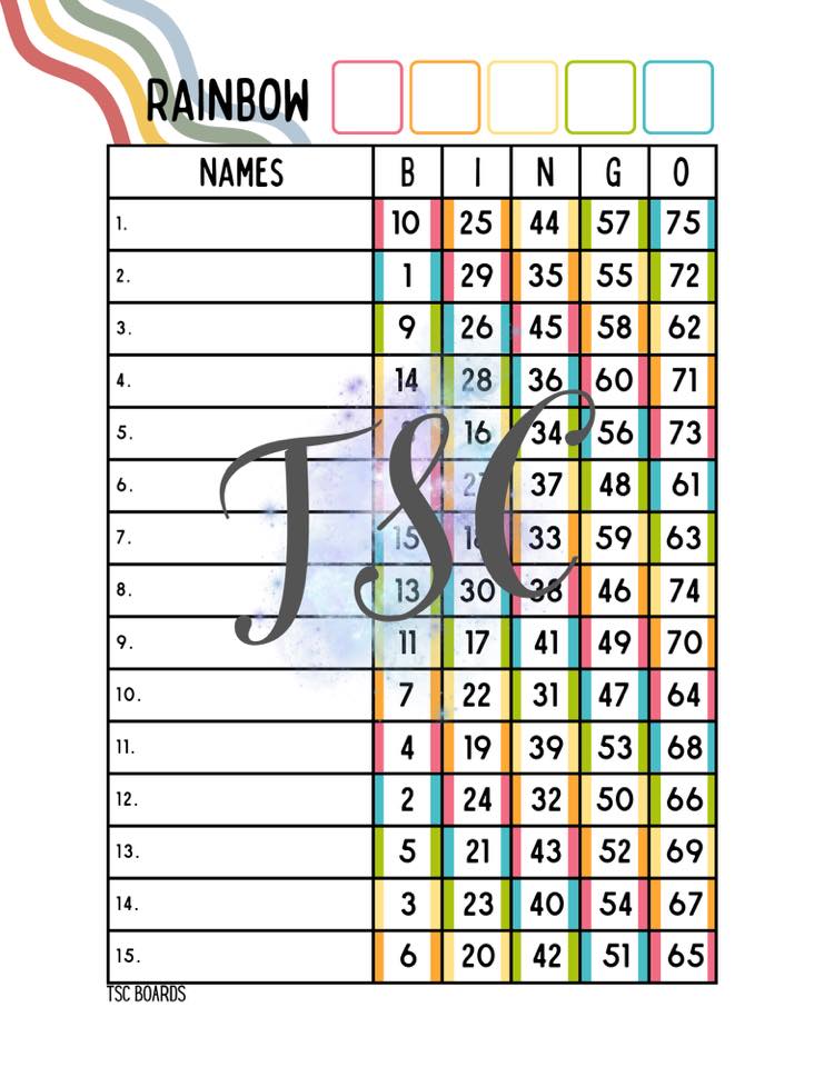 Rainbow Bingo Board 1-75 Mixed