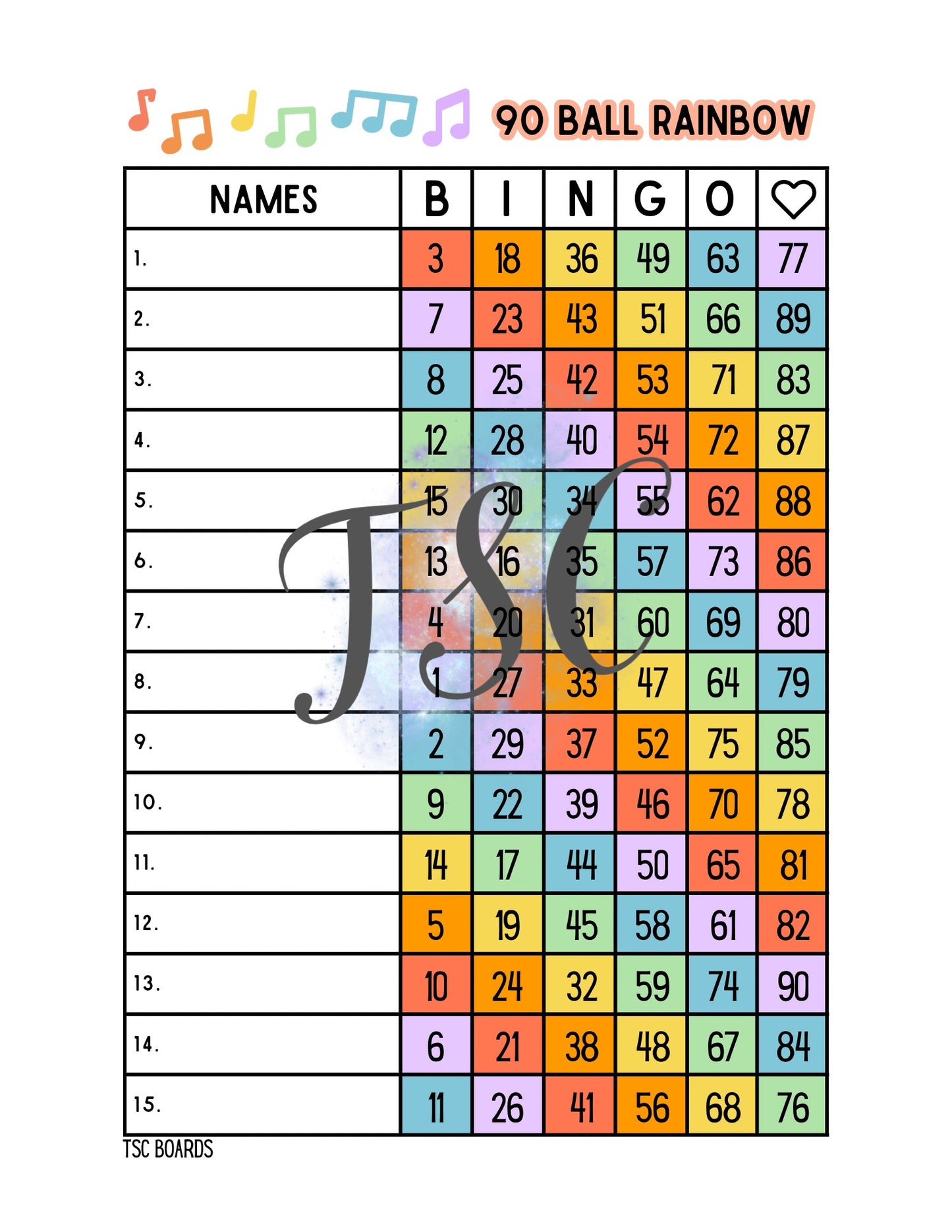 Music Notes Rainbow Board 1-90 Ball