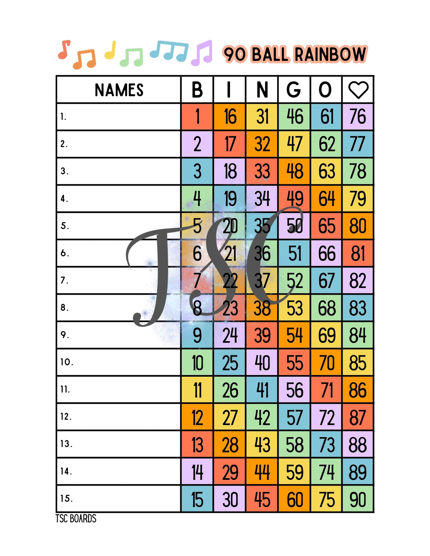 Music Notes Rainbow Board 1-90 Ball